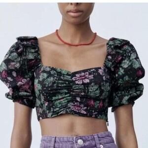 Zara puff sleeve floral crop top holiday club vacation sz xs NWT